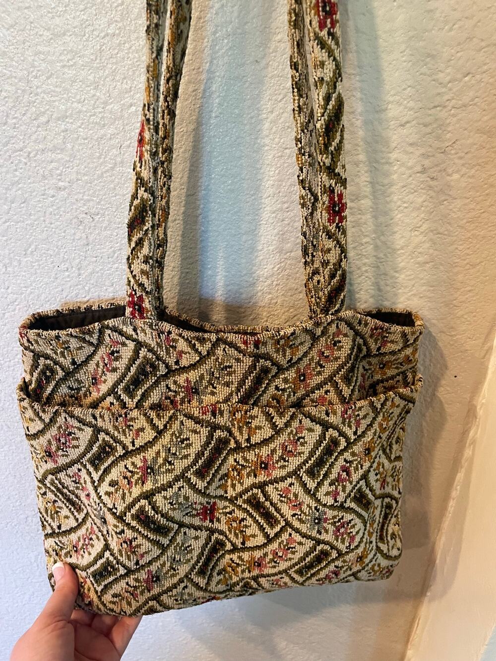 Vintage Carpet Bag Floral Neutral Beige Rare